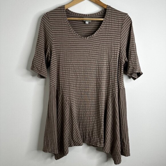 Niche Nilgun Derman Shirt Womens L Brown Striped Lagenlook Boho Hippie Stretch - Picture 1 of 9
